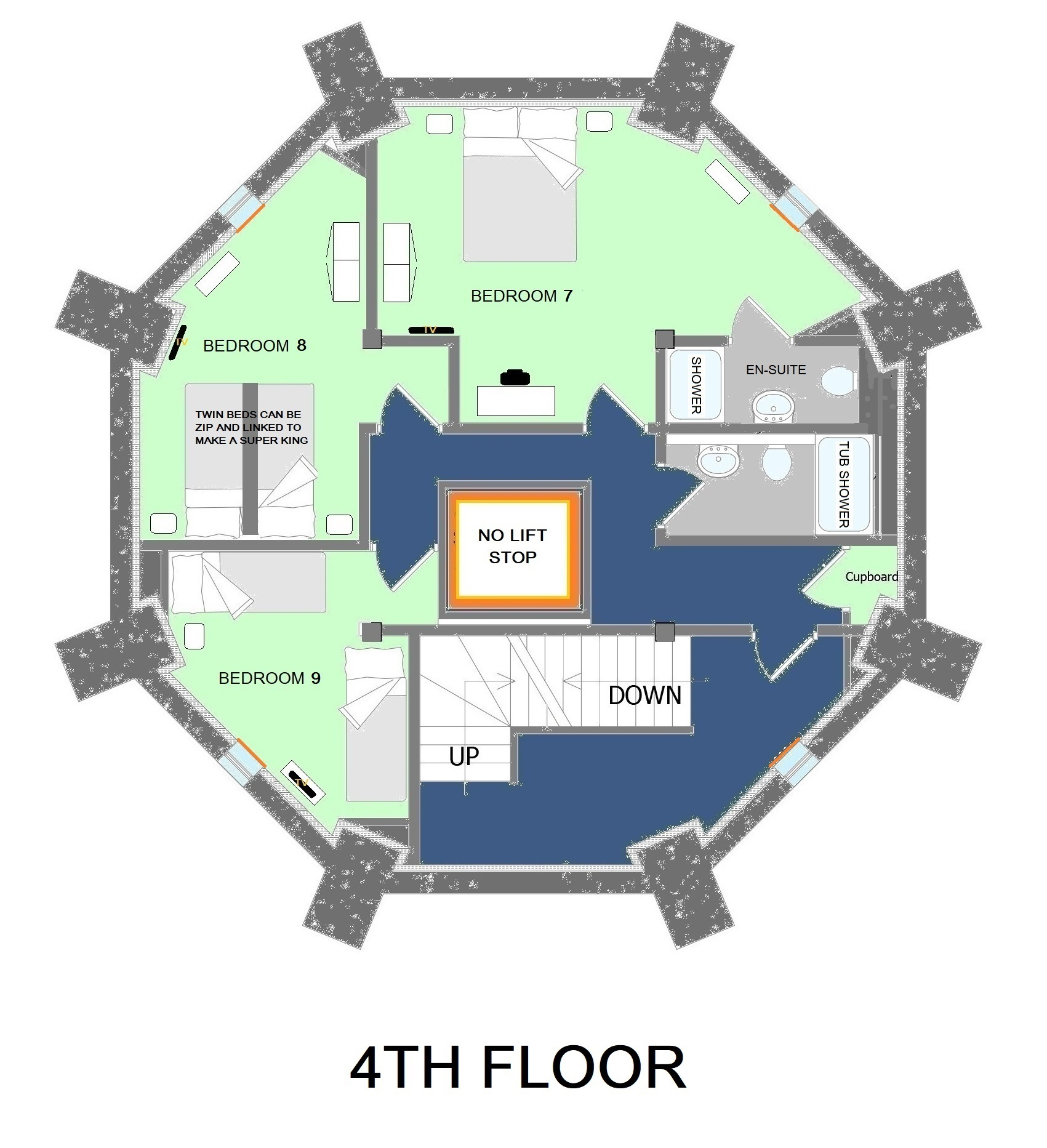 4th Floor - Bedrooms 6-9 - No LIft Stop